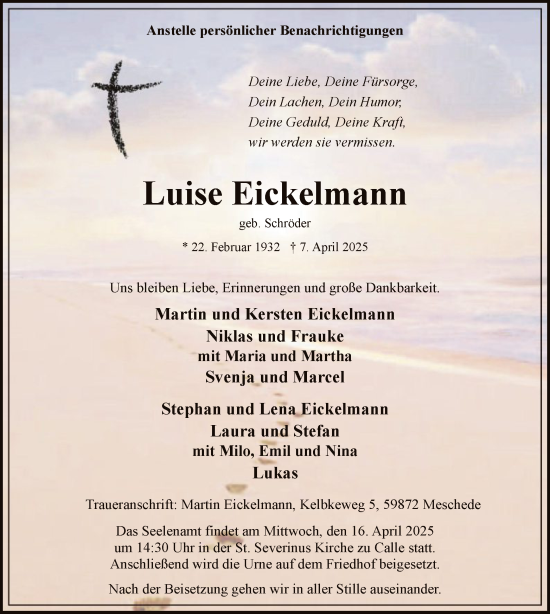 Todesanzeige von Luise Eickelmann von WA
