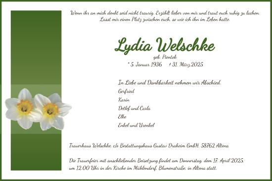 Todesanzeige von Lydia Welschke von WA