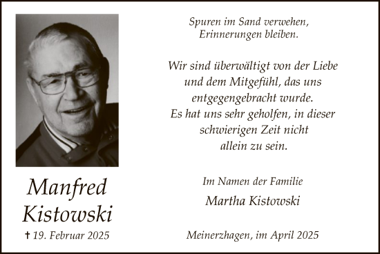 Todesanzeige von Manfred Kistowski von WA