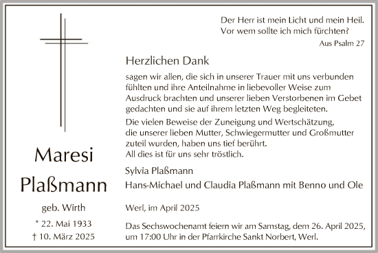 Todesanzeige von Maresi Plassmann von WA