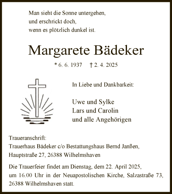 Todesanzeige von Margarete Bädeker von WA