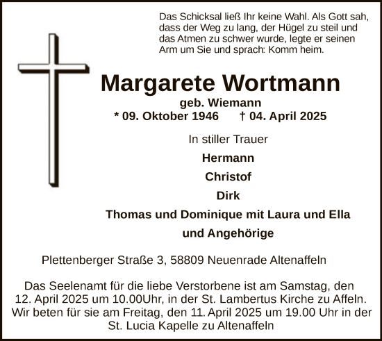 Todesanzeige von Margarete Wortmann von WA