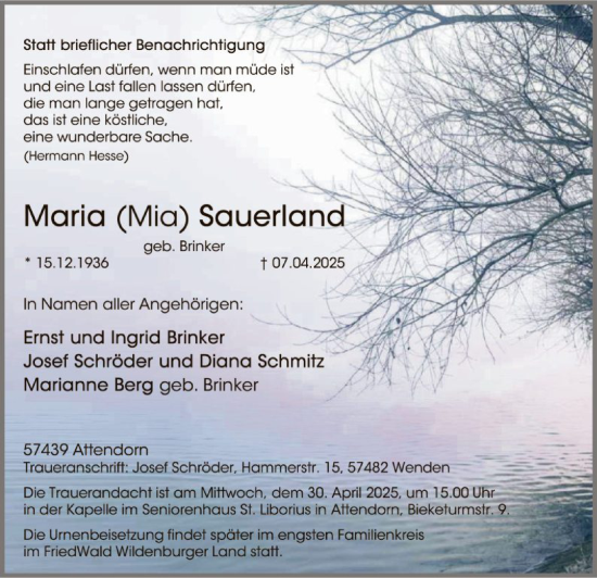 Todesanzeige von Maria Sauerland von WA