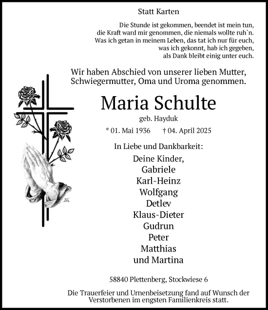 Todesanzeige von Maria Schulte von WA