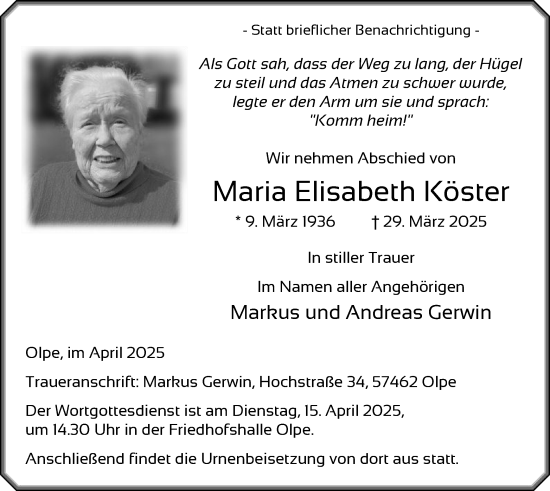 Todesanzeige von Maria Elisabeth Köster von WA