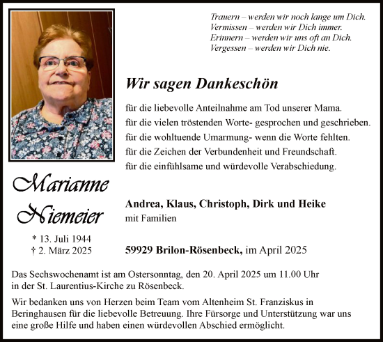Todesanzeige von Marianne Niemeier von WA
