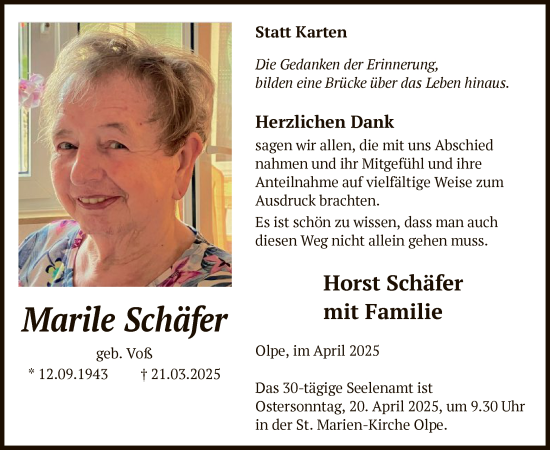 Todesanzeige von Marile Schäfer von WA