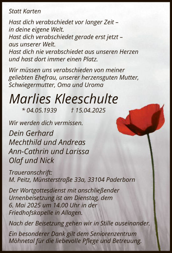 Todesanzeige von Marlies Kleeschulte von WA