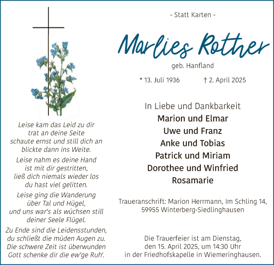 Todesanzeige von Marlies Rother von WA