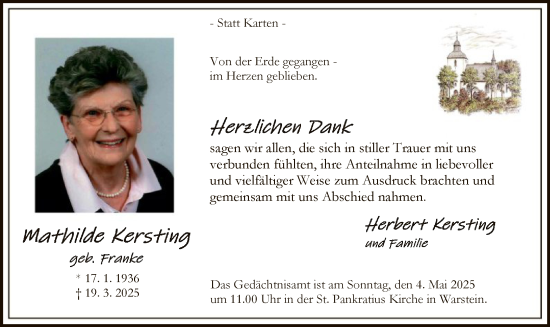 Todesanzeige von Mathilde Kersting von WA