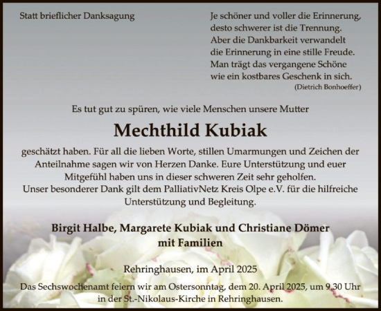 Todesanzeige von Mechthild Kubiak von WA