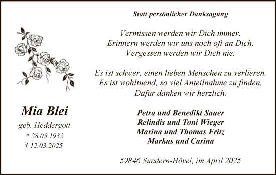 Todesanzeige von Mia Blei von WA