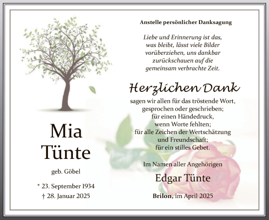 Todesanzeige von Mia Tünte von WA