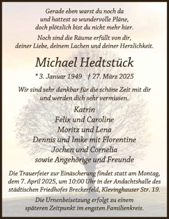 Todesanzeige von Michael Hedtstück von WA