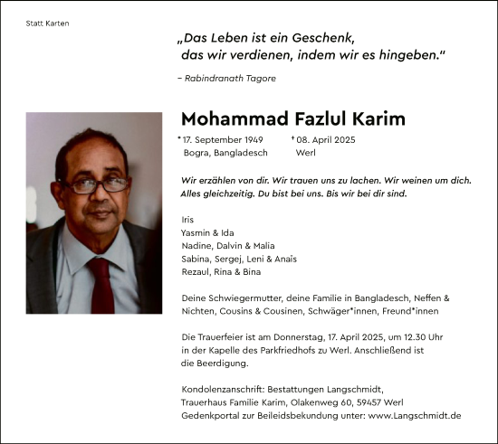 Todesanzeige von Mohammad Fazlul Karim von WA