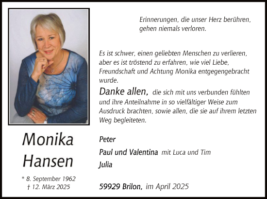 Todesanzeige von Monika Hansen von WA