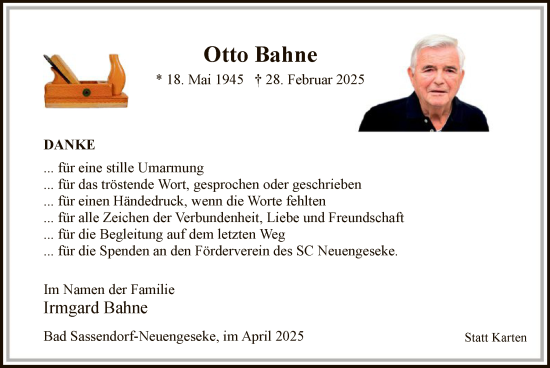 Todesanzeige von Otto Bahne von WA