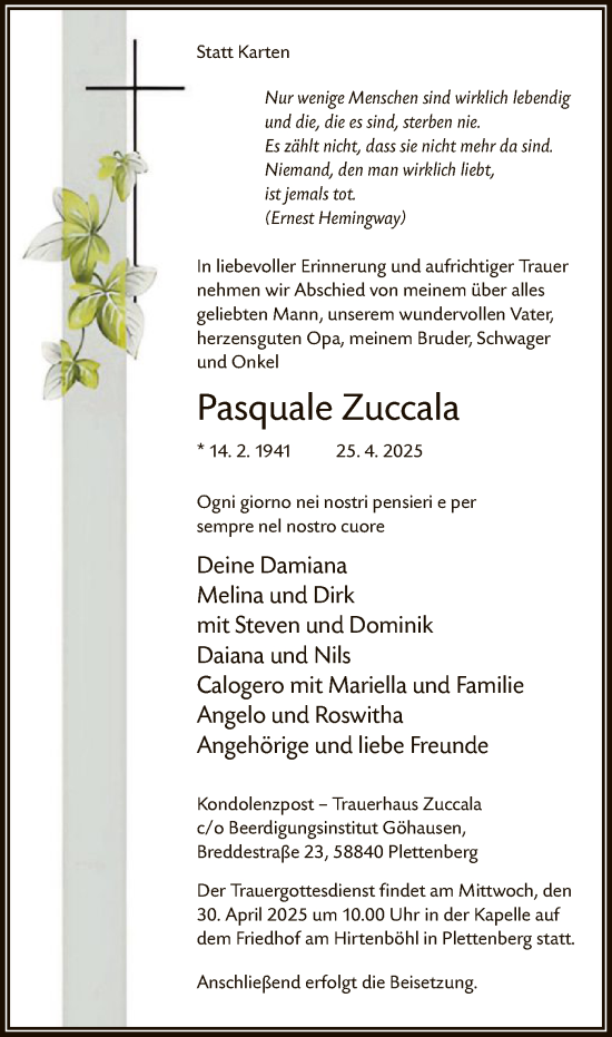 Todesanzeige von Pasquale Zuccala von WA