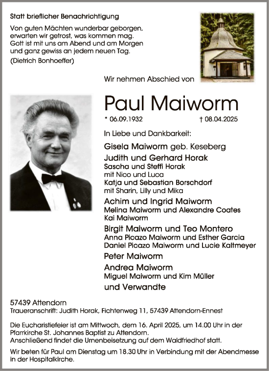 Todesanzeige von Paul Maiworm von WA