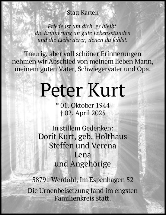 Todesanzeige von Peter Kurt von WA