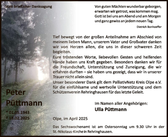 Todesanzeige von Peter Püttmann von WA