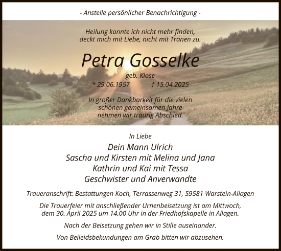 Todesanzeige von Petra Gosselke von WA