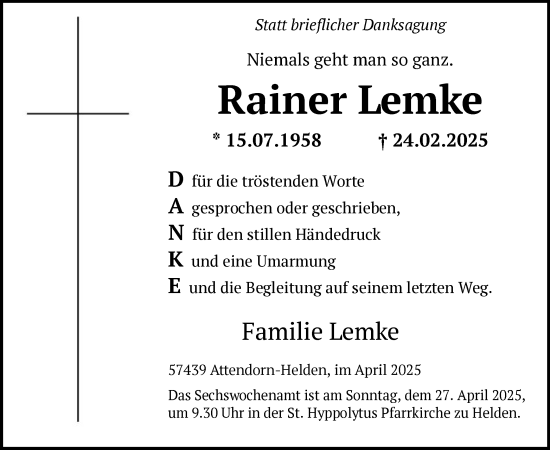 Todesanzeige von Rainer Lemke von WA