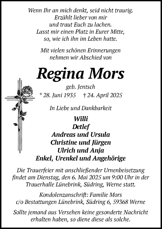 Todesanzeige von Regina Mors von WA