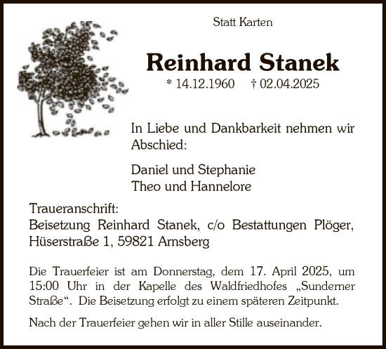 Todesanzeige von Reinhard Stanek von WA
