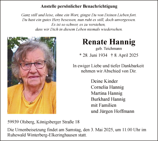 Todesanzeige von Renate Hannig von WA