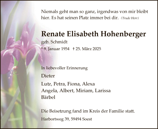 Todesanzeige von Renate Elisabeth Hohenberger von WA