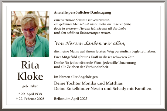 Todesanzeige von Rita Kloke von WA