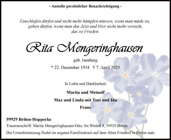 Todesanzeige von Rita Mengeringhausen von WA