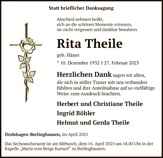 Todesanzeige von Rita Theile von WA