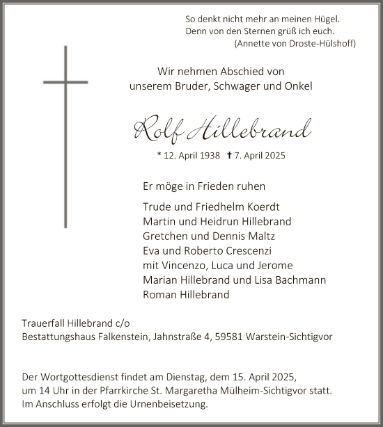 Todesanzeige von Rolf Hillebrand von WA