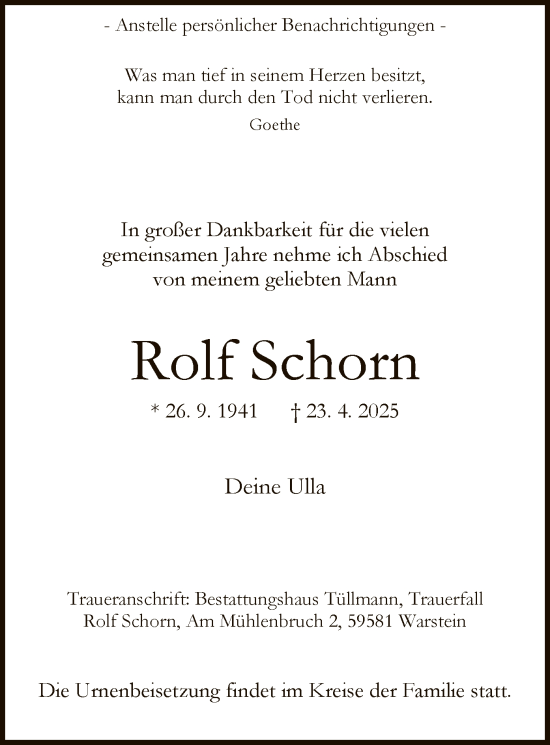 Todesanzeige von Rolf Schorn von WA