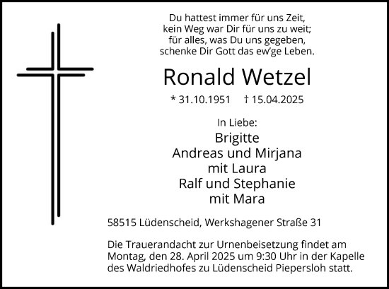 Todesanzeige von Ronald Wetzel von WA