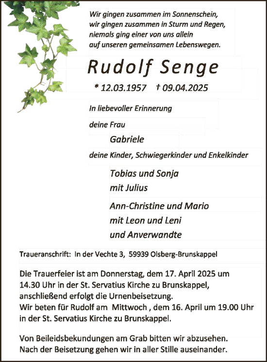 Todesanzeige von Rudolf Senge von WA