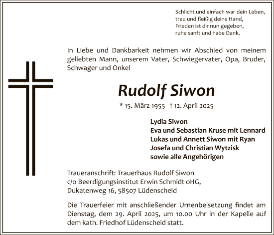 Todesanzeige von Rudolf Siwon von WA