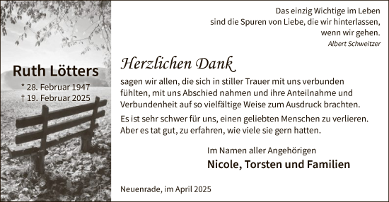 Todesanzeige von Ruth Lötters von WA