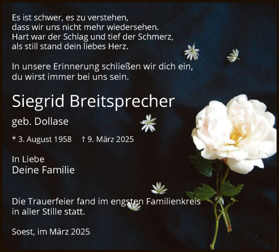 Todesanzeige von Siegrid Breitsprecher von WA