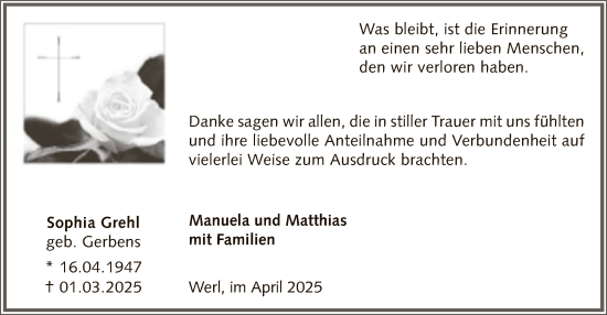 Todesanzeige von Sophia Grehl von WA
