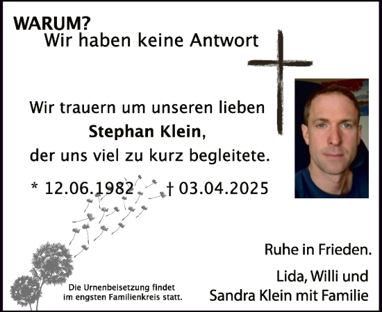 Todesanzeige von Stephan Klein von WA