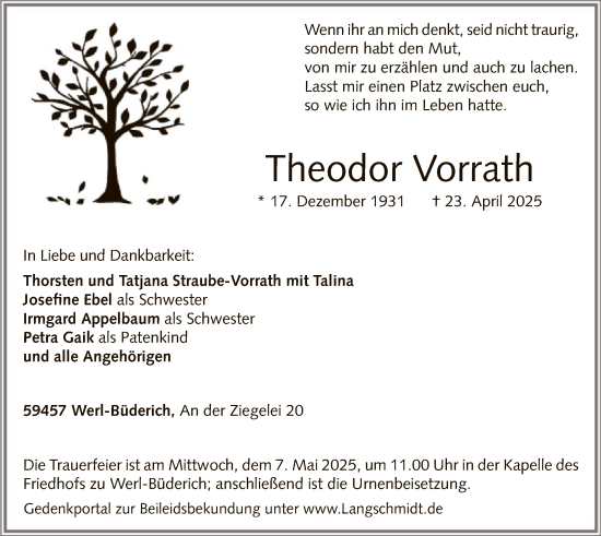 Todesanzeige von Theodor Vorrath von WA