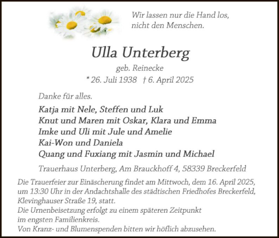 Todesanzeige von Ulla Unterberg von WA