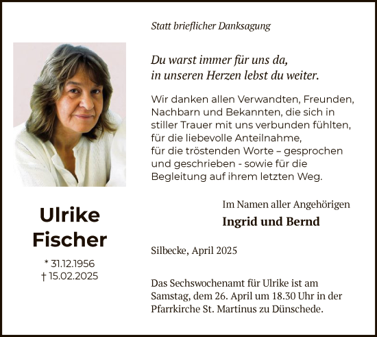 Todesanzeige von Ulrike Fischer von WA
