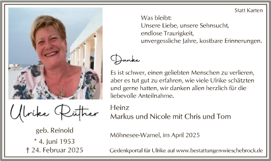 Todesanzeige von Ulrike Rüther von WA