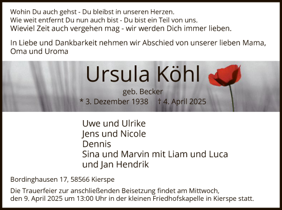 Todesanzeige von Ursula Köhl von WA