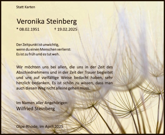 Todesanzeige von Veronika Steinberg von WA