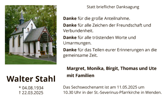 Todesanzeige von Walter Stahl von WA